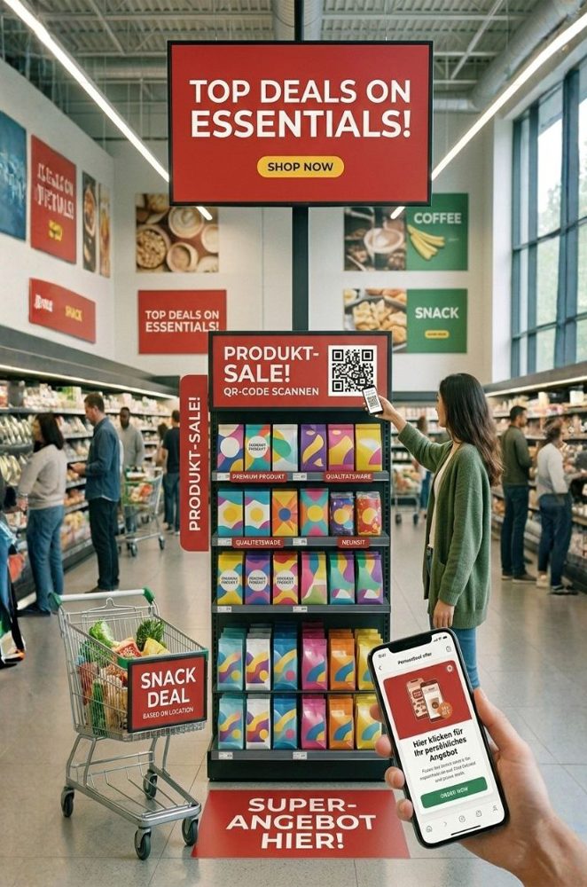 Retail-Media-Integration im Supermarkt: Digitale Werbeflächen, QR-Codes und personalisierte Angebote am Point of Sale schaffen zusätzliche Reichweite und fördern Kaufentscheidungen direkt im Geschäft.